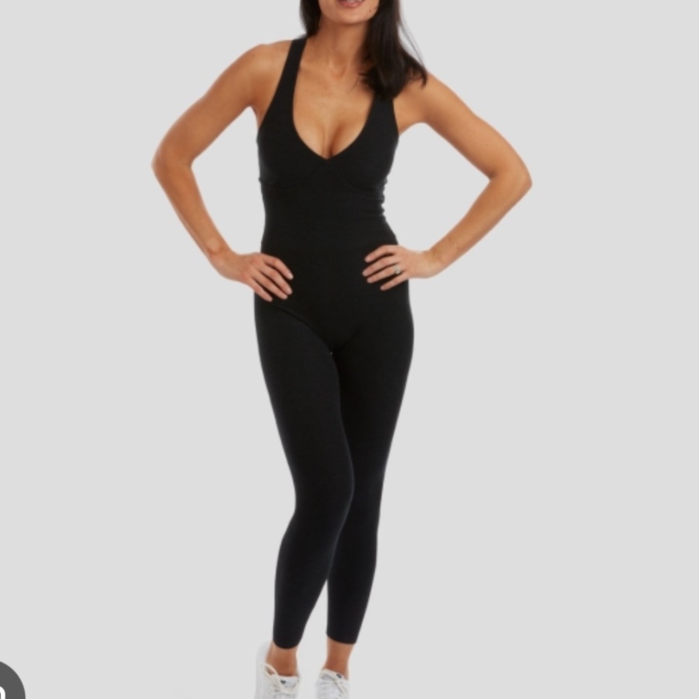 Beyond Yoga Daring Spacedye Navy Jumpsuit Deep V Neck Cross Back NWT